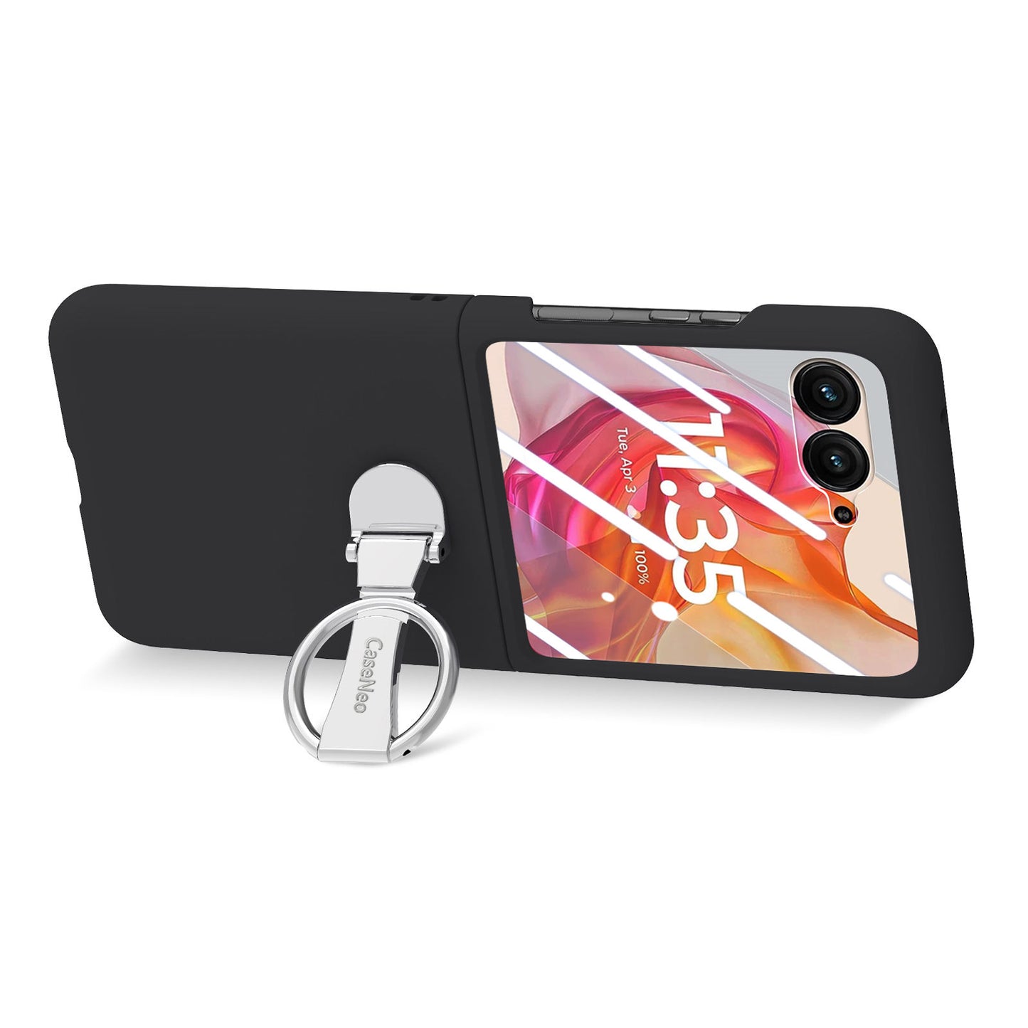 For Motorola Razr 50 Ultra 5G Case Ring Kickstand PC Phone Cover with Tempered Glass Rear Screen Film - Black