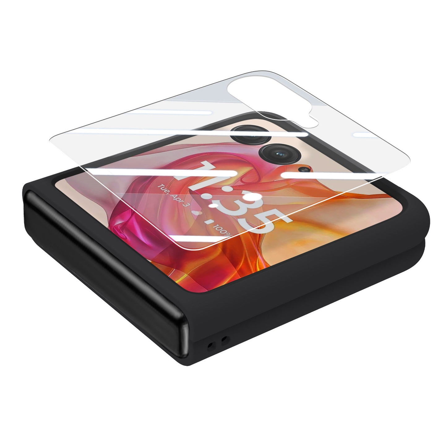 For Motorola Razr 50 Ultra 5G Case Ring Kickstand PC Phone Cover with Tempered Glass Rear Screen Film - Black