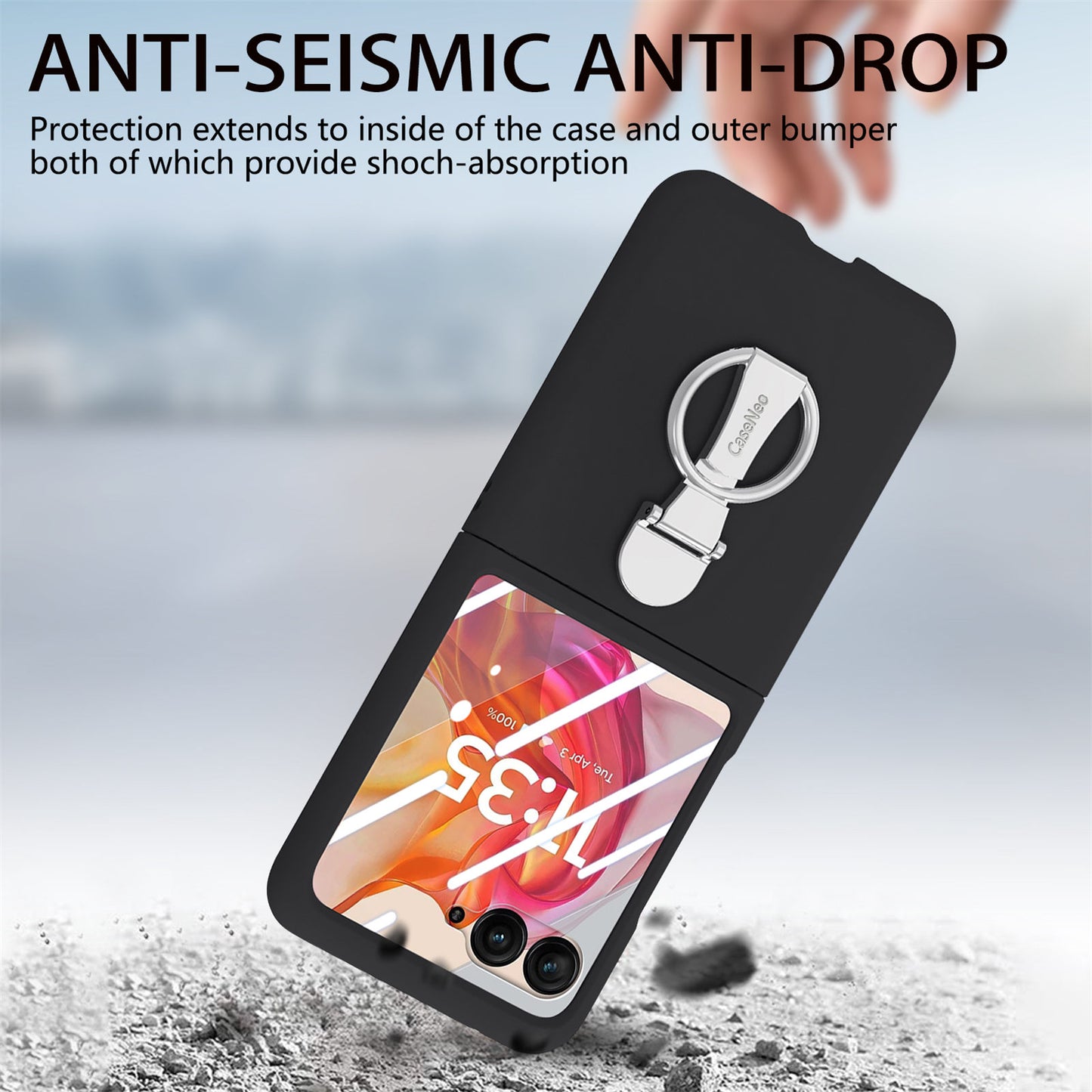 For Motorola Razr 50 Ultra 5G Case Ring Kickstand PC Phone Cover with Tempered Glass Rear Screen Film - Black