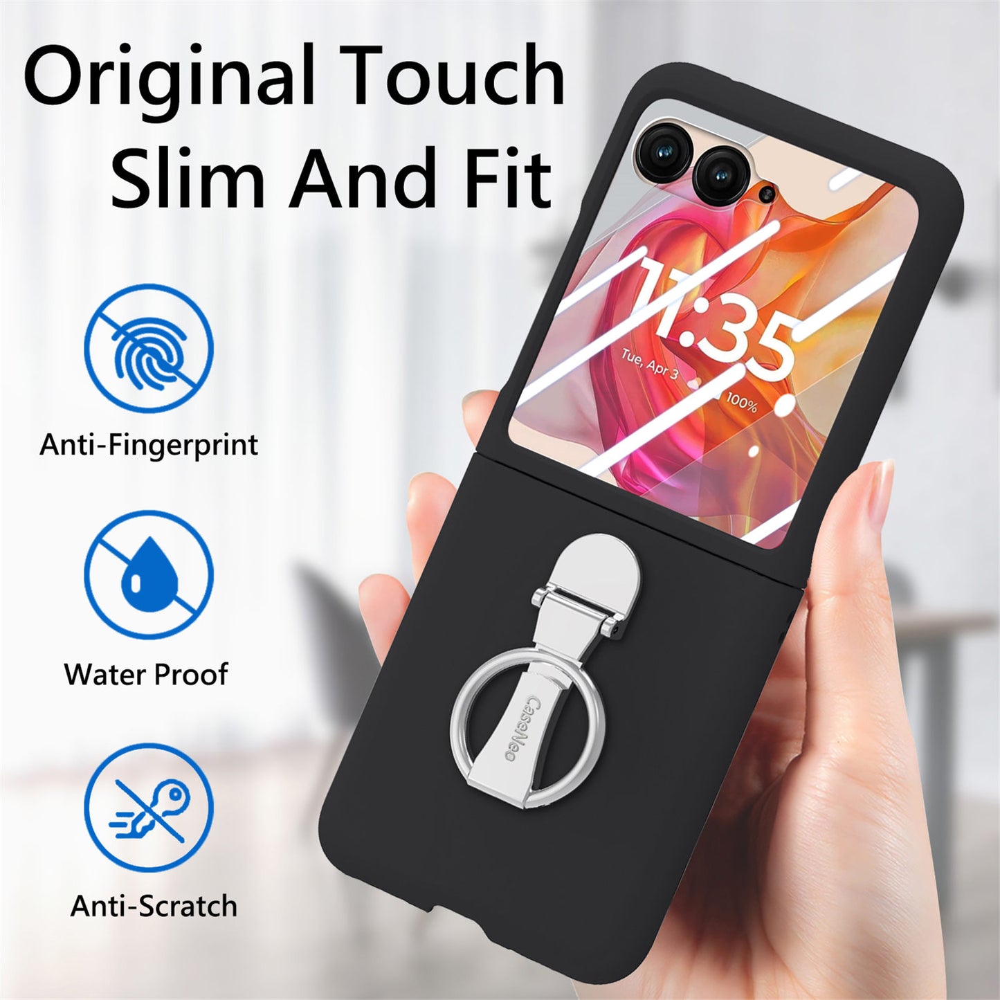 For Motorola Razr 50 Ultra 5G Case Ring Kickstand PC Phone Cover with Tempered Glass Rear Screen Film - Black