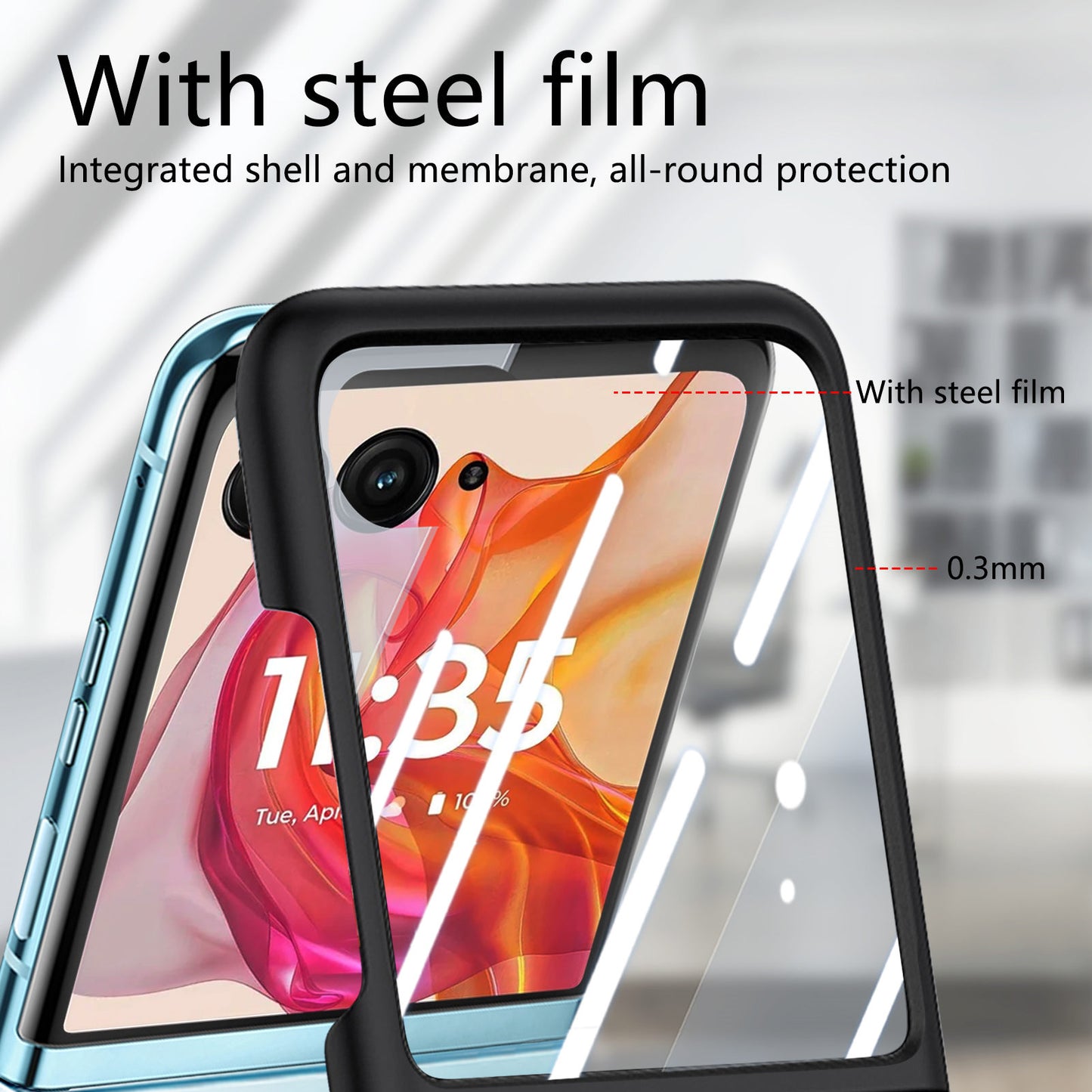 For Motorola Razr 50 Ultra 5G Case Ring Kickstand PC Phone Cover with Tempered Glass Rear Screen Film - Black