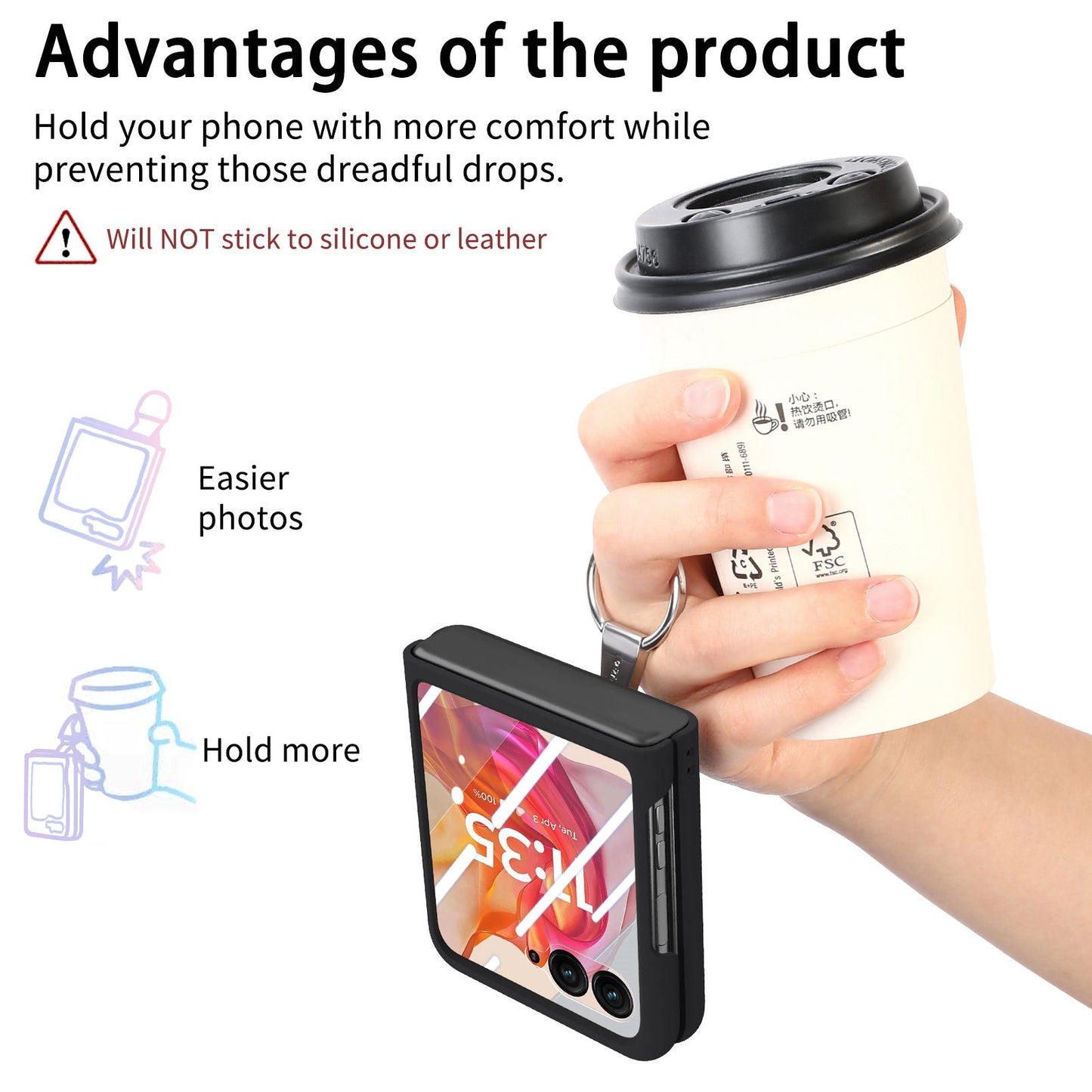 For Motorola Razr 50 Ultra 5G Case Ring Kickstand PC Phone Cover with Tempered Glass Rear Screen Film - Black