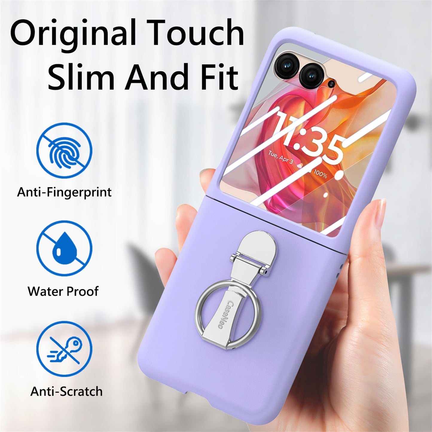 For Motorola Razr 50 Ultra 5G Case Ring Kickstand PC Phone Cover with Tempered Glass Rear Screen Film - Purple