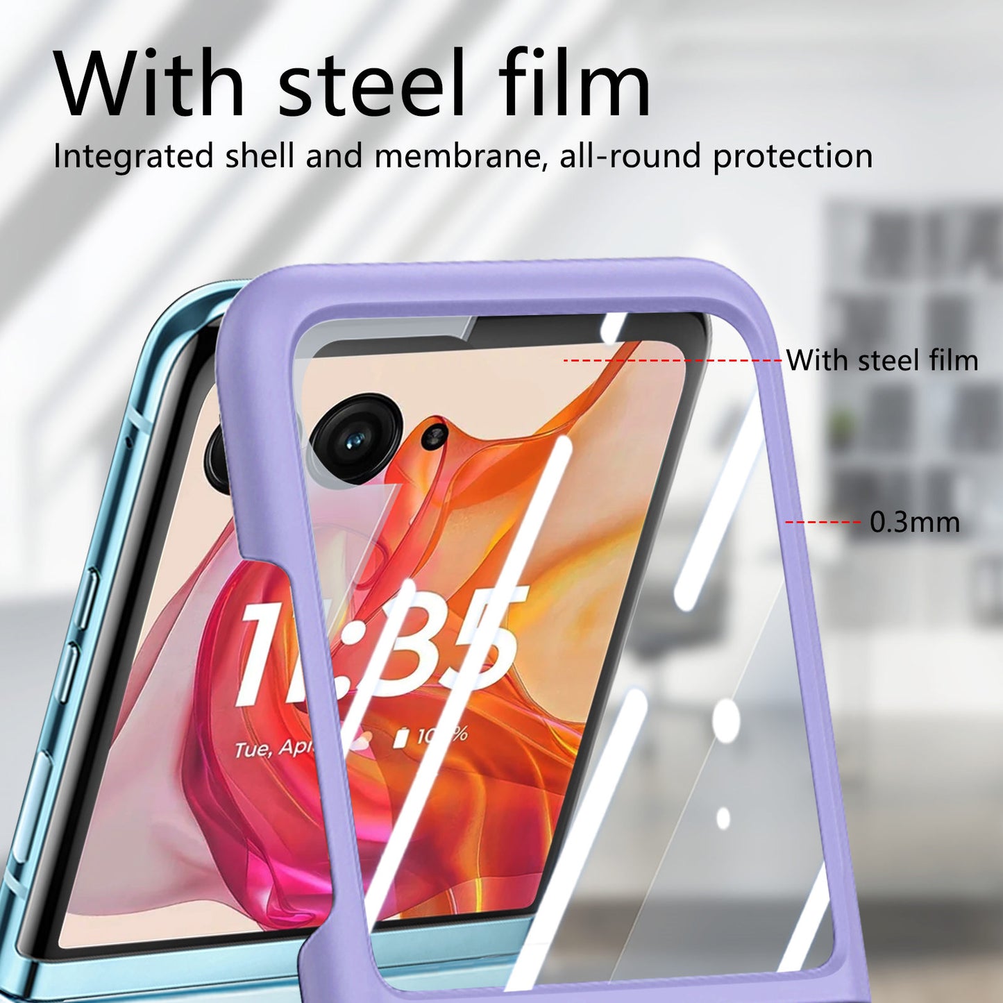 For Motorola Razr 50 Ultra 5G Case Ring Kickstand PC Phone Cover with Tempered Glass Rear Screen Film - Purple