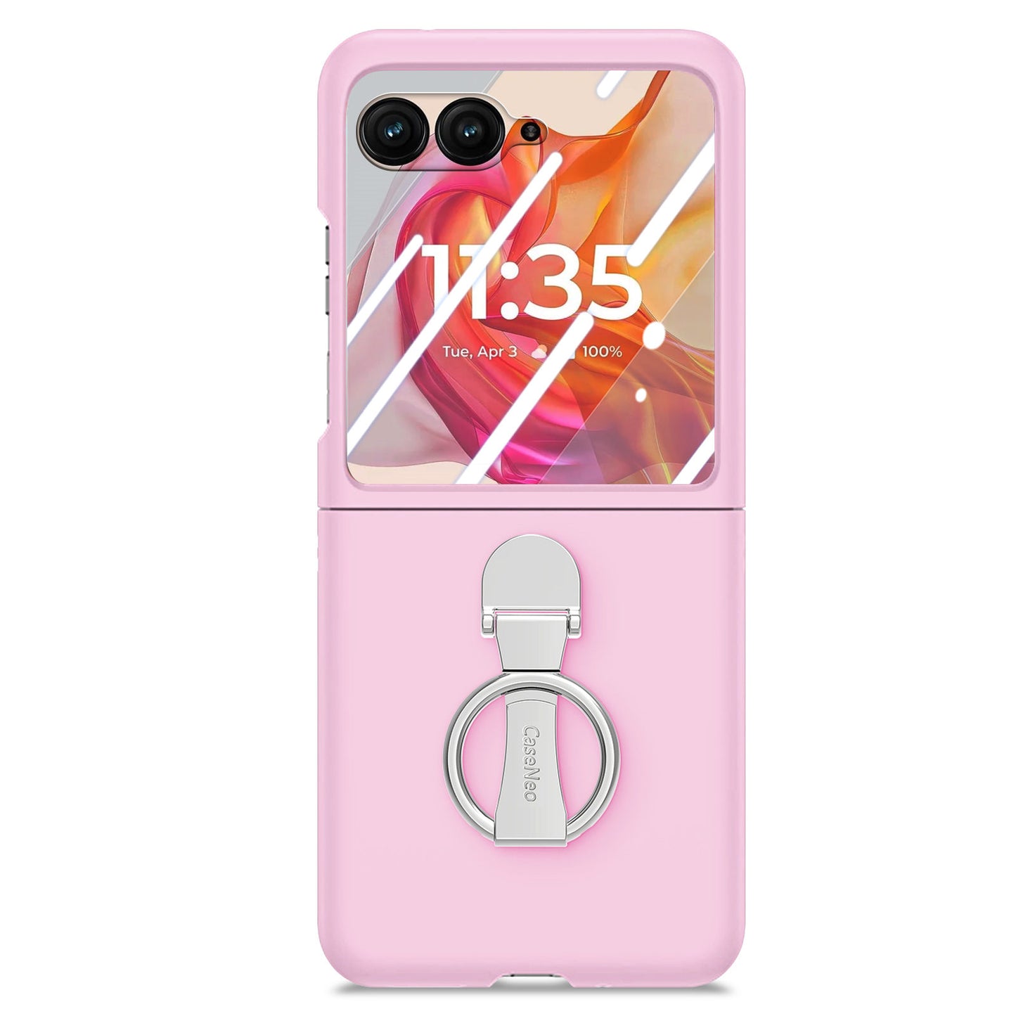 For Motorola Razr 50 Ultra 5G Case Ring Kickstand PC Phone Cover with Tempered Glass Rear Screen Film - Pink
