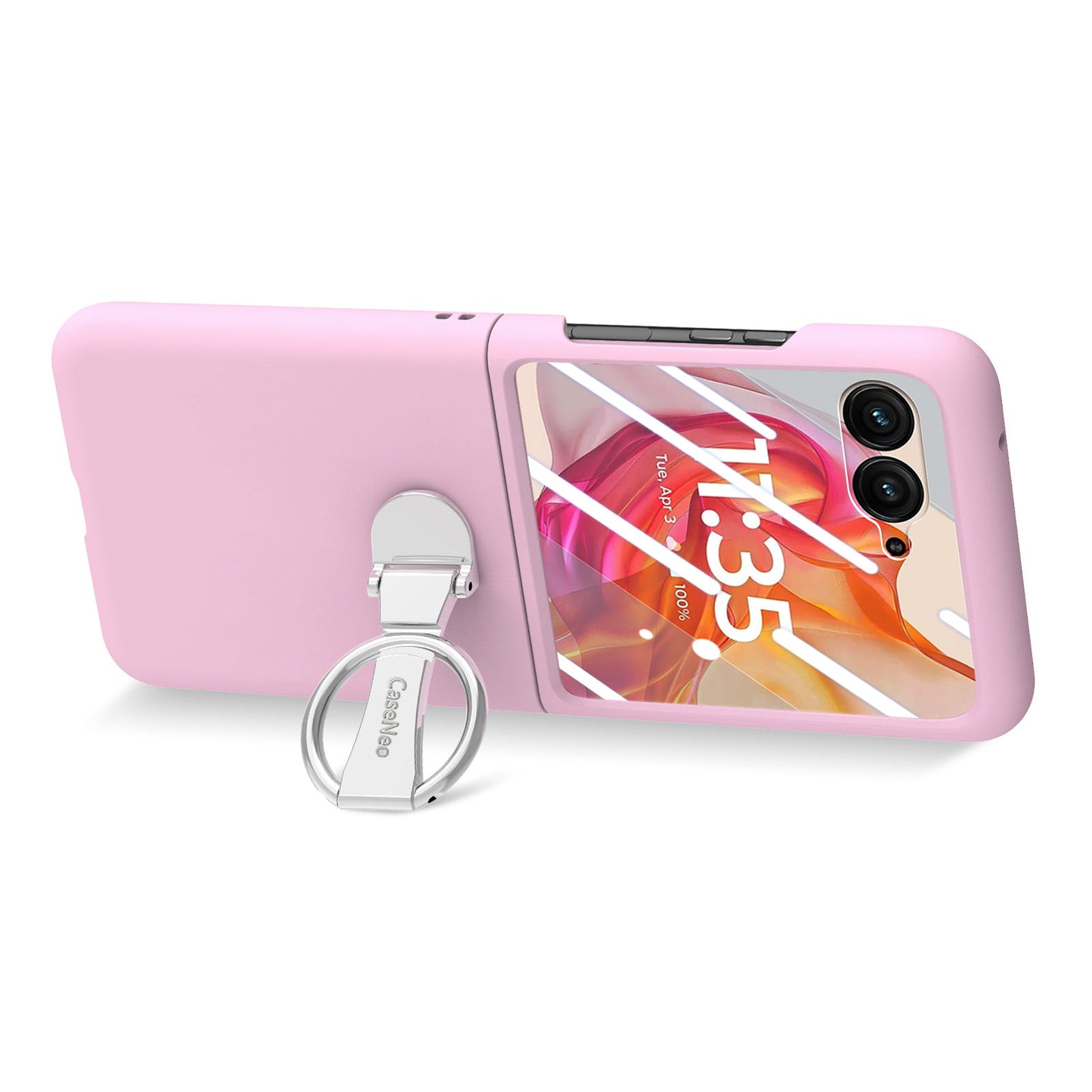 For Motorola Razr 50 Ultra 5G Case Ring Kickstand PC Phone Cover with Tempered Glass Rear Screen Film - Pink