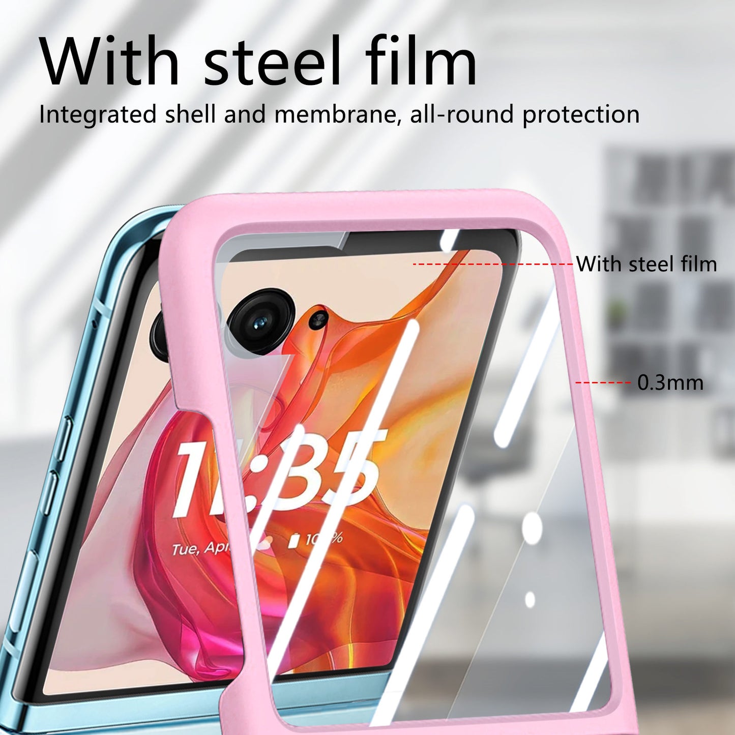 For Motorola Razr 50 Ultra 5G Case Ring Kickstand PC Phone Cover with Tempered Glass Rear Screen Film - Pink