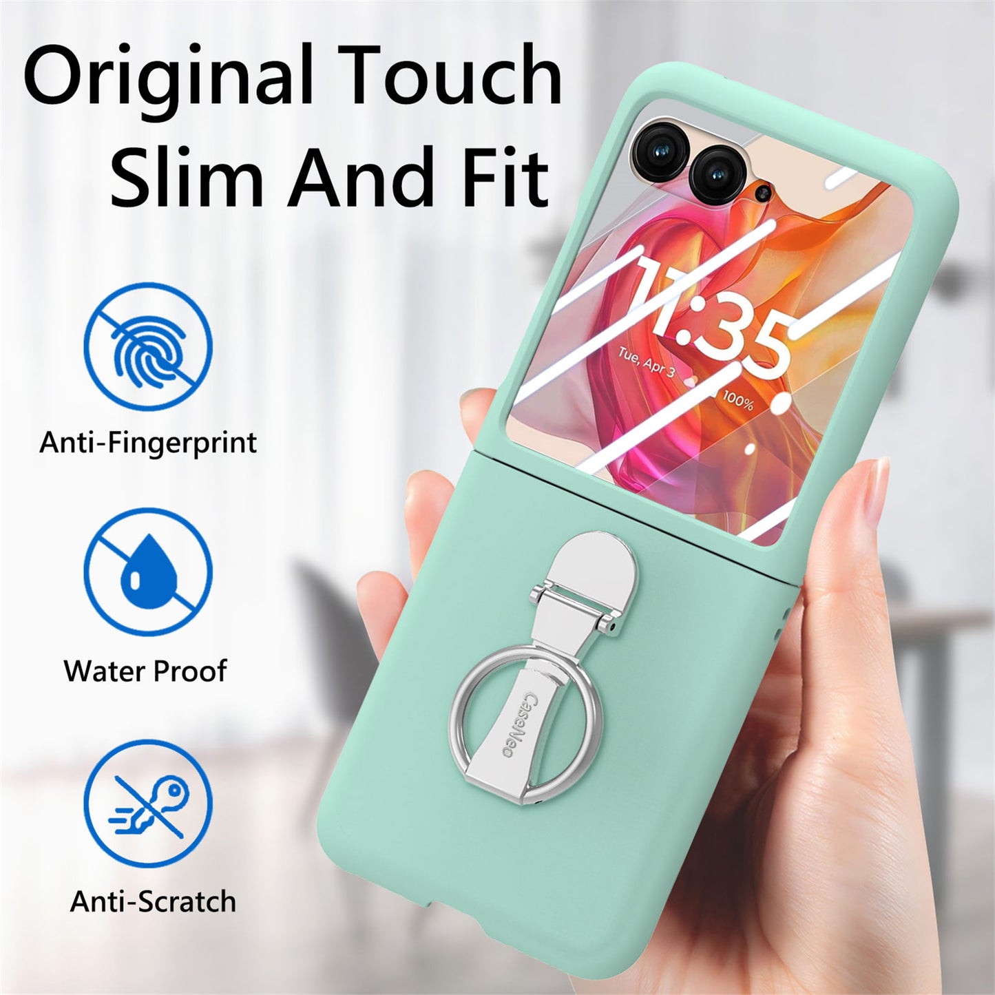 For Motorola Razr 50 Ultra 5G Case Ring Kickstand PC Phone Cover with Tempered Glass Rear Screen Film - Light Green