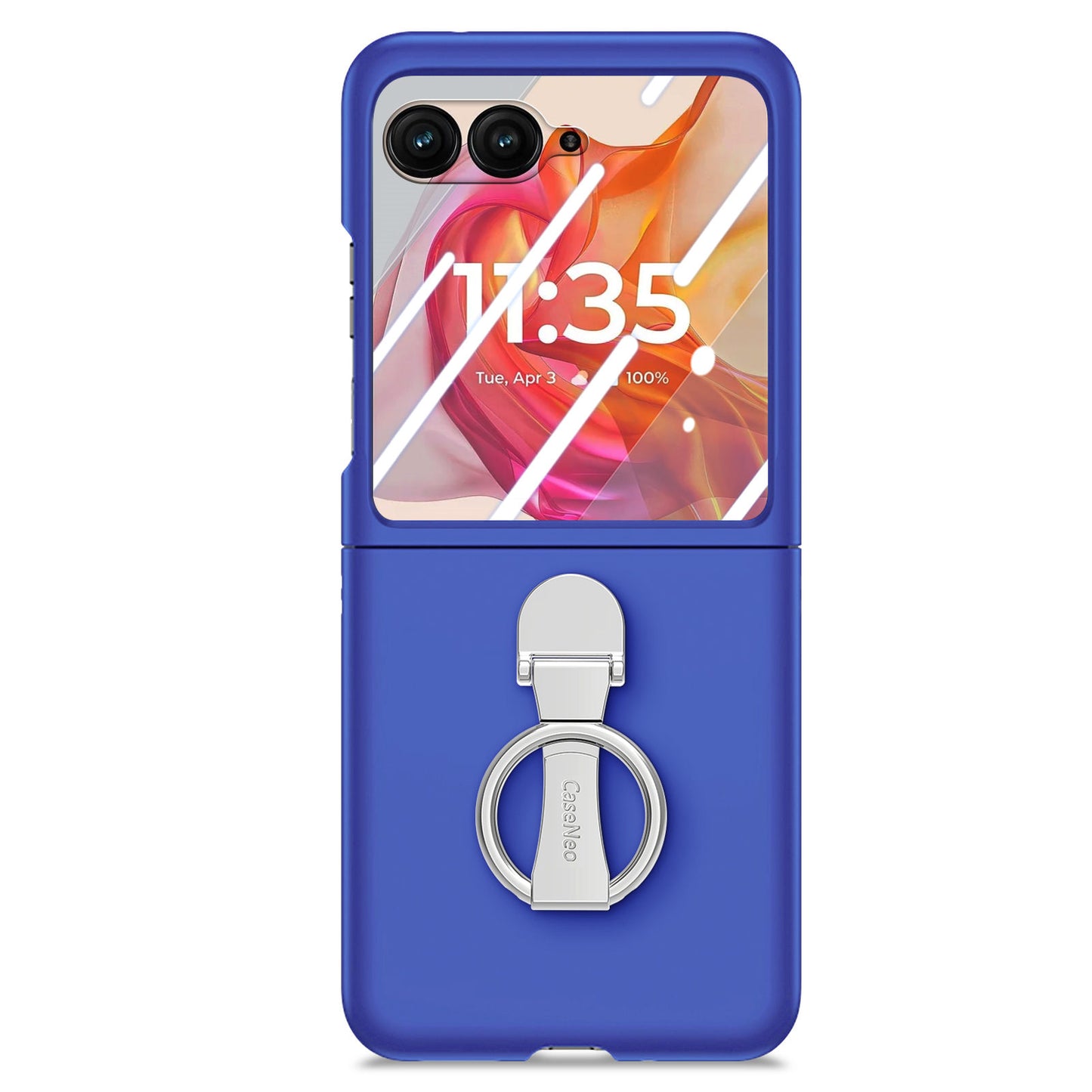 For Motorola Razr 50 Ultra 5G Case Ring Kickstand PC Phone Cover with Tempered Glass Rear Screen Film - Dark Blue