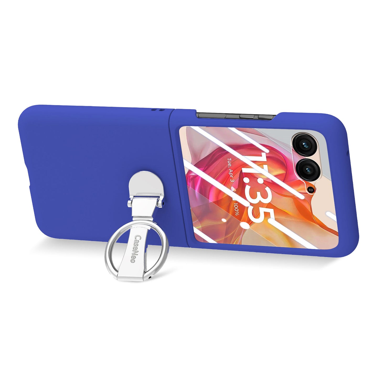 For Motorola Razr 50 Ultra 5G Case Ring Kickstand PC Phone Cover with Tempered Glass Rear Screen Film - Dark Blue