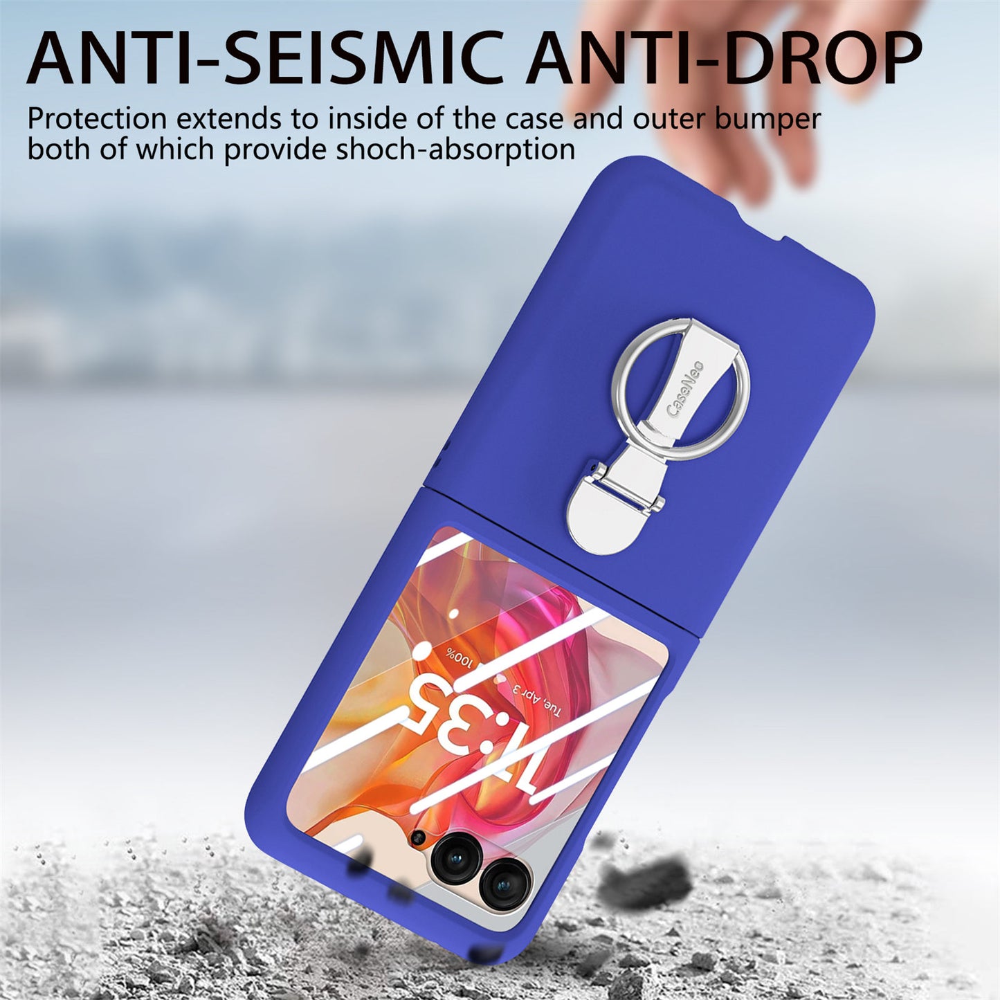 For Motorola Razr 50 Ultra 5G Case Ring Kickstand PC Phone Cover with Tempered Glass Rear Screen Film - Dark Blue