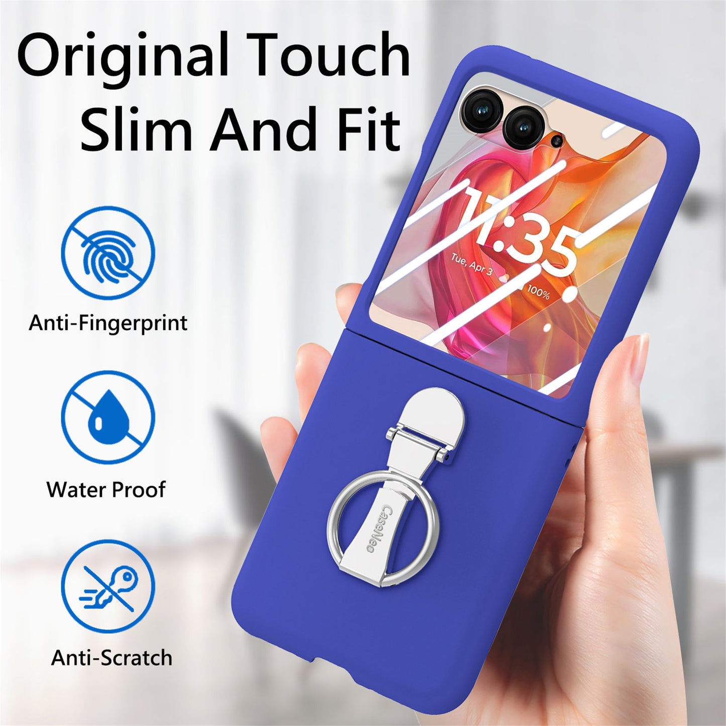 For Motorola Razr 50 Ultra 5G Case Ring Kickstand PC Phone Cover with Tempered Glass Rear Screen Film - Dark Blue