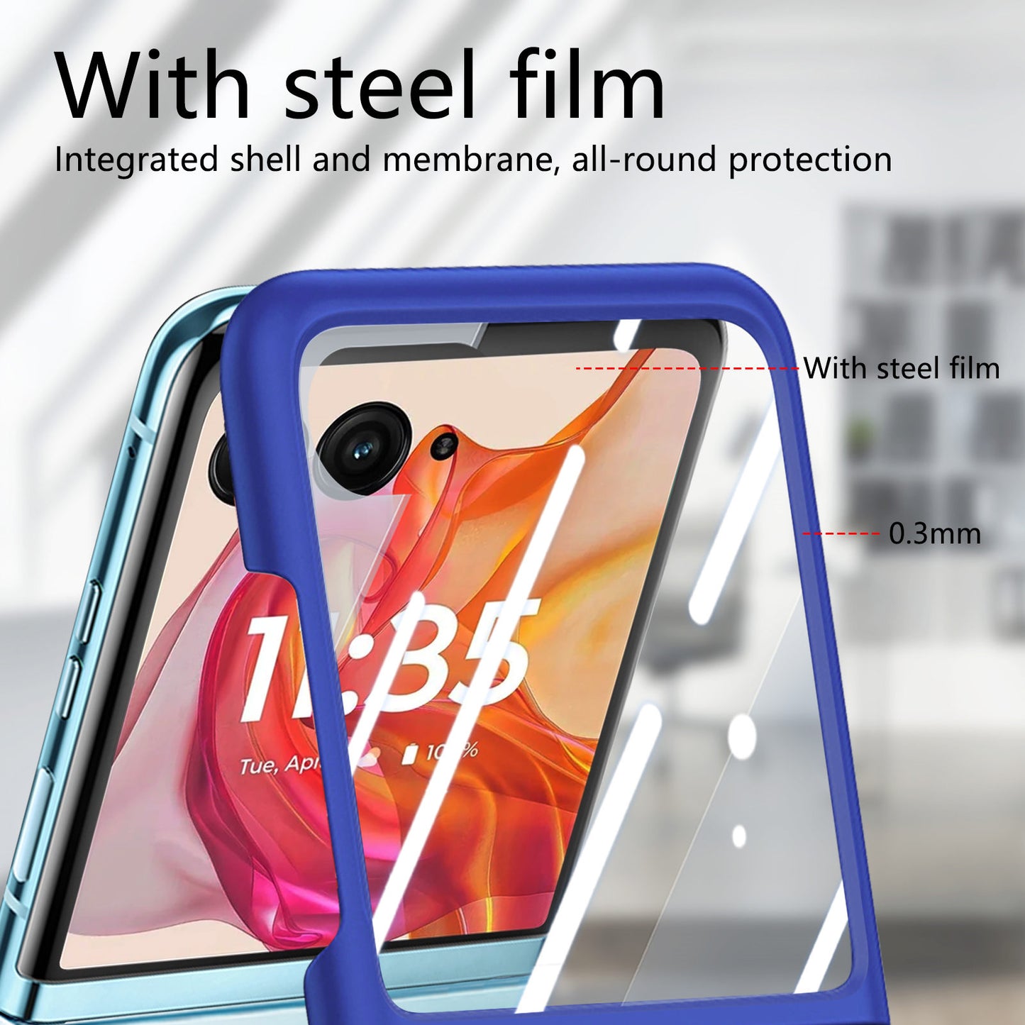 For Motorola Razr 50 Ultra 5G Case Ring Kickstand PC Phone Cover with Tempered Glass Rear Screen Film - Dark Blue