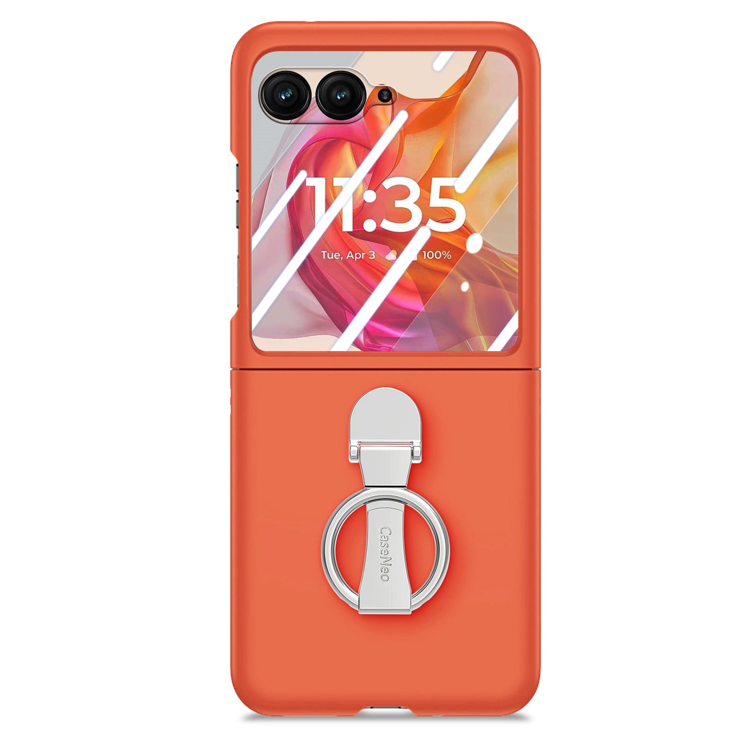 For Motorola Razr 50 Ultra 5G Case Ring Kickstand PC Phone Cover with Tempered Glass Rear Screen Film - Orange