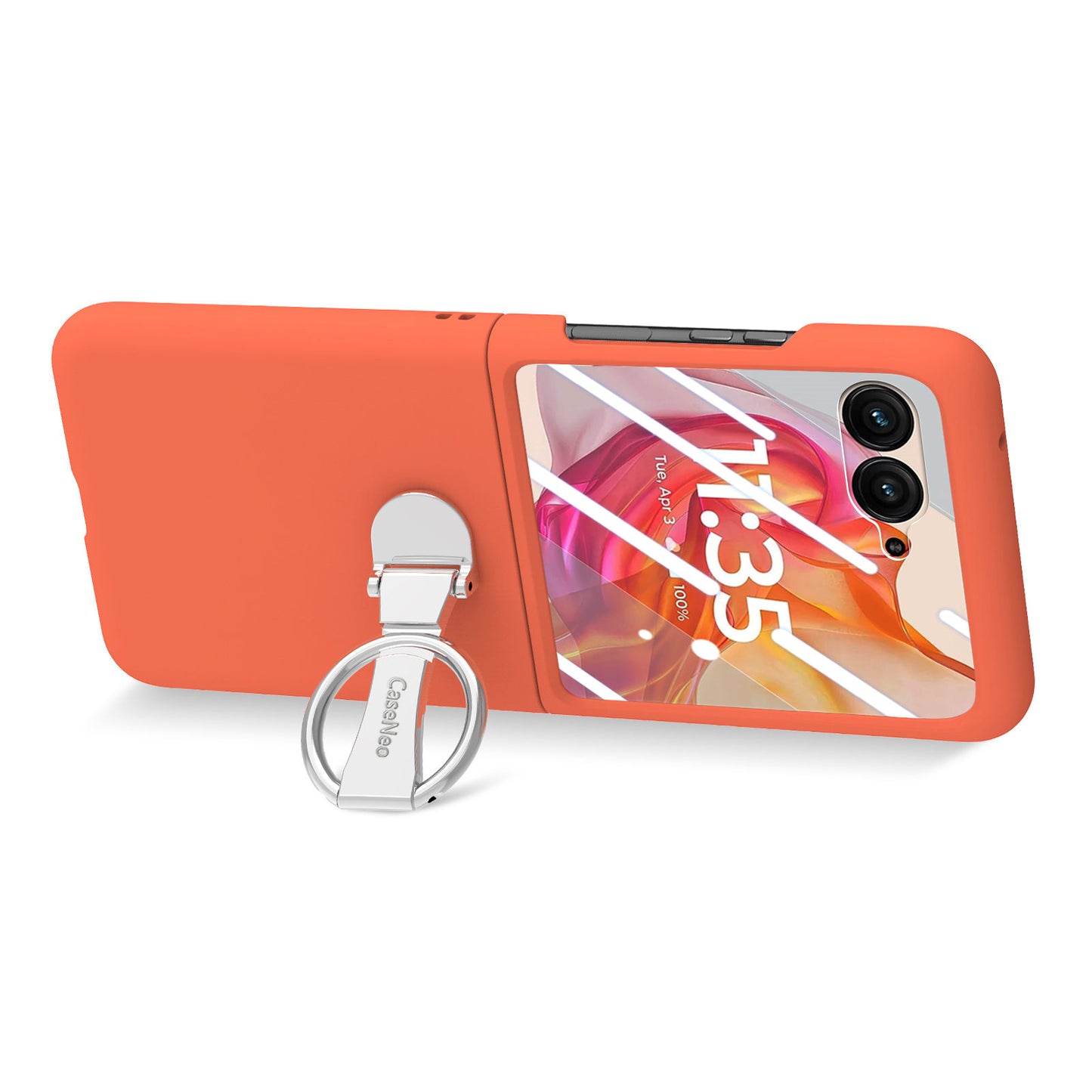 For Motorola Razr 50 Ultra 5G Case Ring Kickstand PC Phone Cover with Tempered Glass Rear Screen Film - Orange