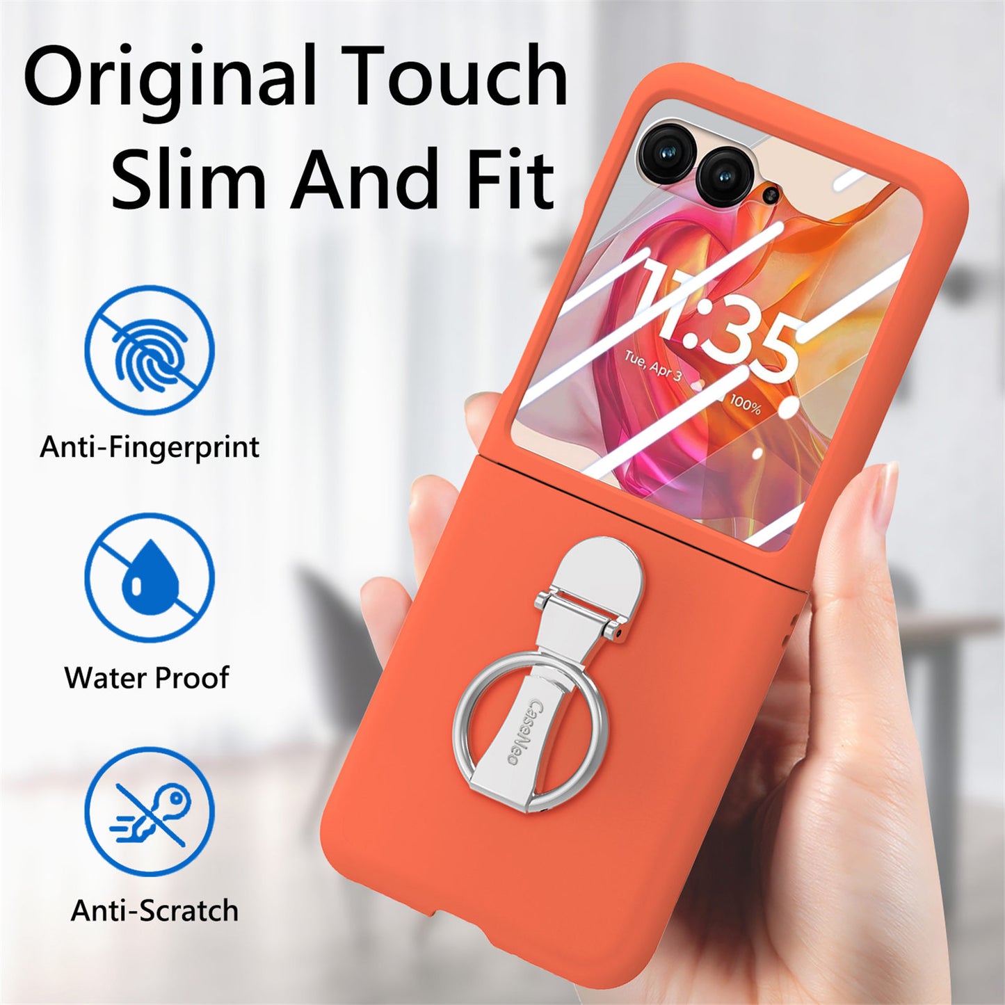 For Motorola Razr 50 Ultra 5G Case Ring Kickstand PC Phone Cover with Tempered Glass Rear Screen Film - Orange
