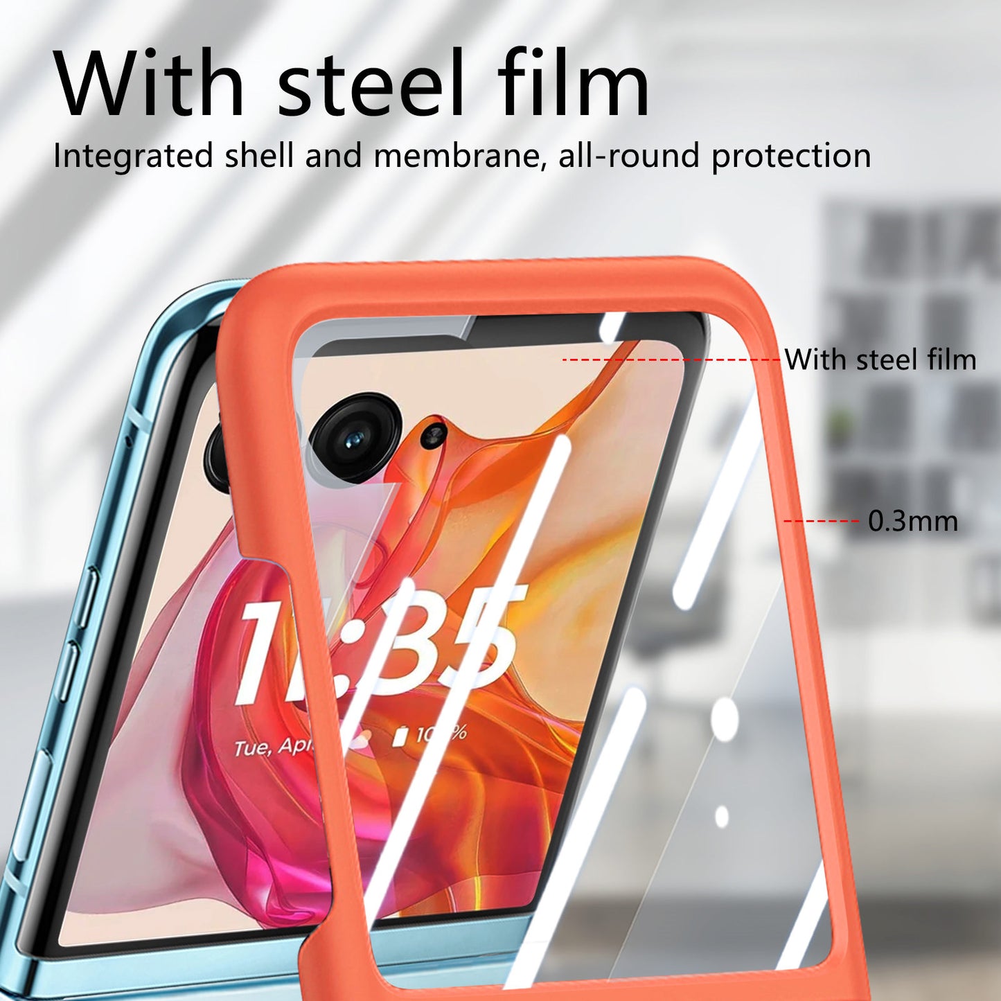 For Motorola Razr 50 Ultra 5G Case Ring Kickstand PC Phone Cover with Tempered Glass Rear Screen Film - Orange