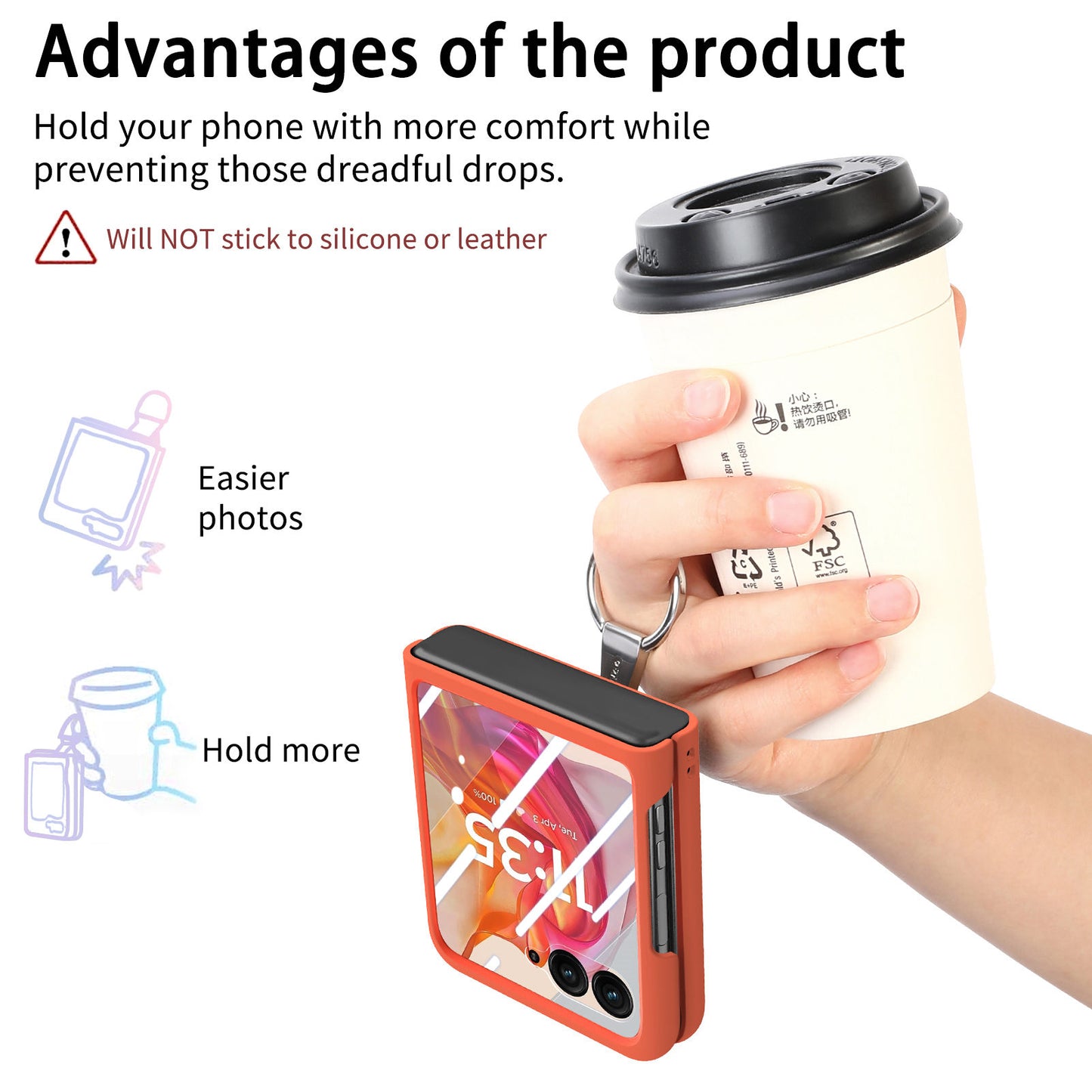 For Motorola Razr 50 Ultra 5G Case Ring Kickstand PC Phone Cover with Tempered Glass Rear Screen Film - Orange