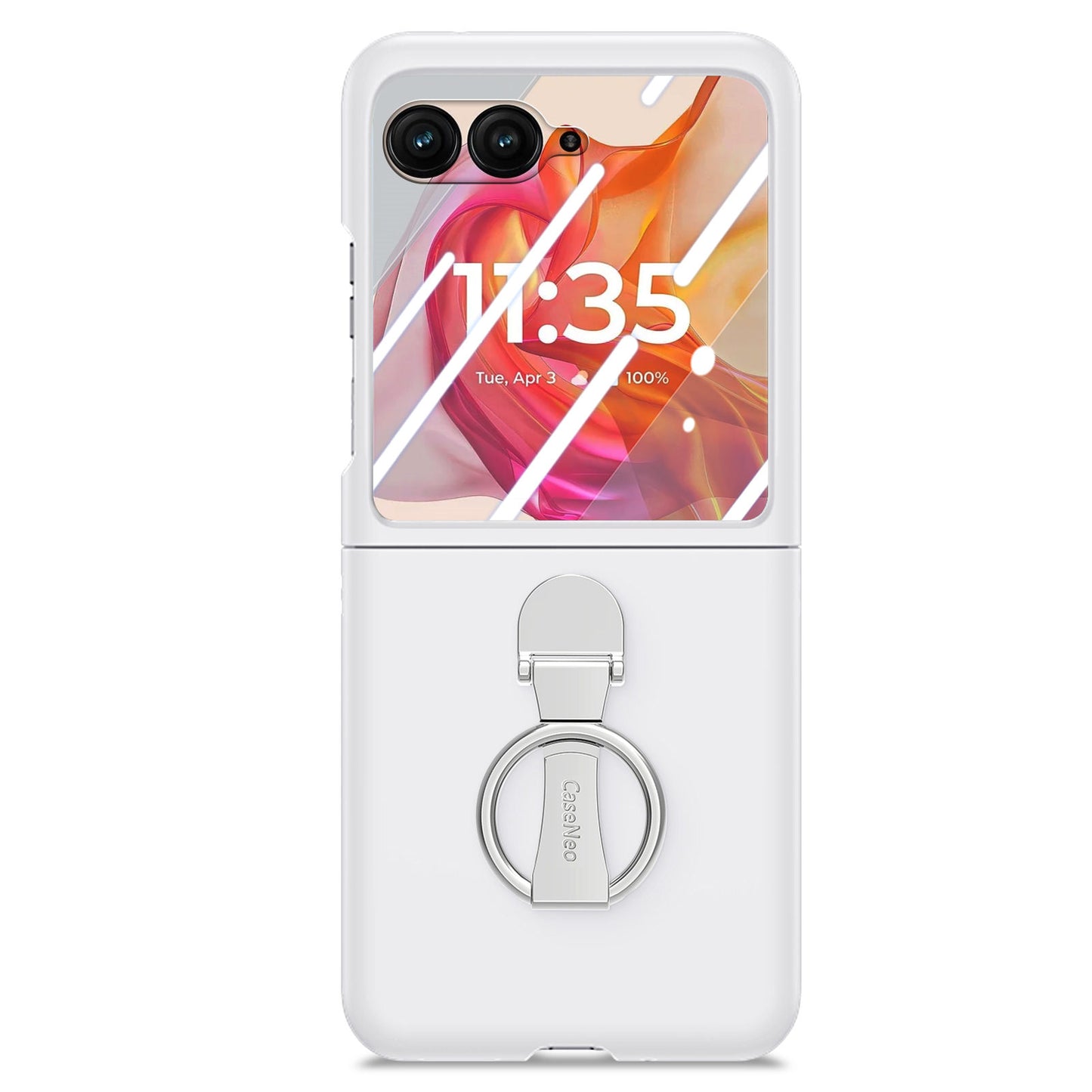 For Motorola Razr 50 Ultra 5G Case Ring Kickstand PC Phone Cover with Tempered Glass Rear Screen Film - White