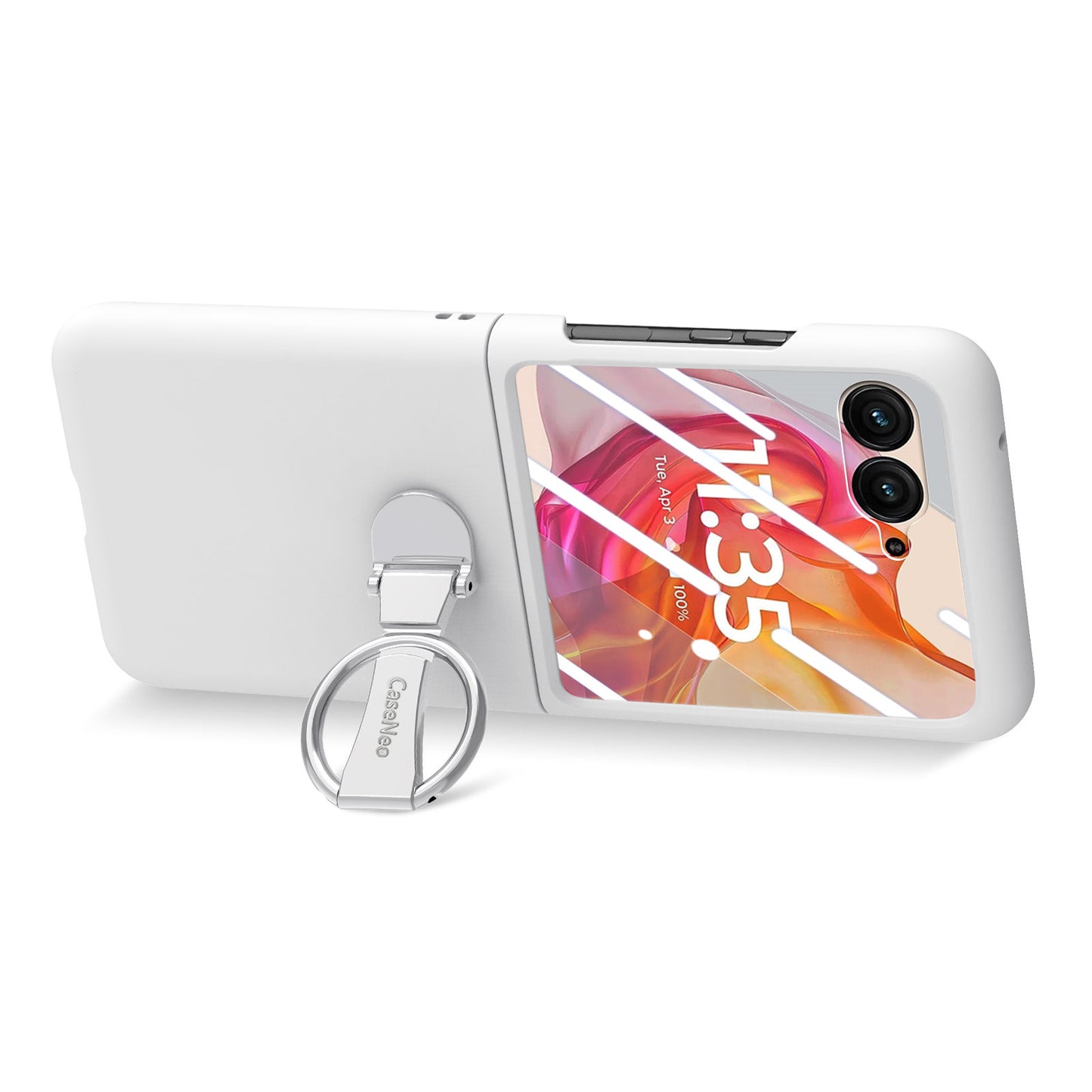 For Motorola Razr 50 Ultra 5G Case Ring Kickstand PC Phone Cover with Tempered Glass Rear Screen Film - White