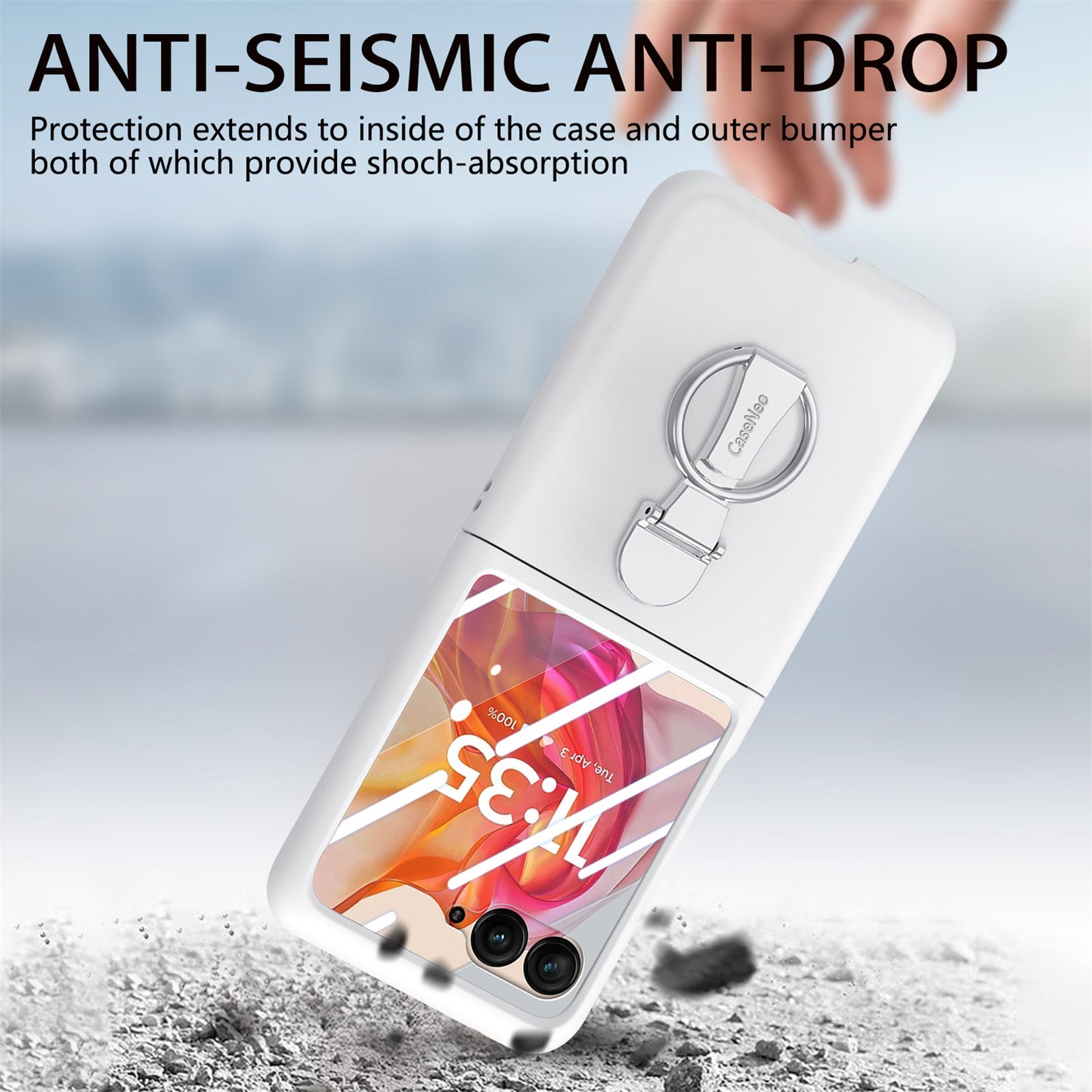 For Motorola Razr 50 Ultra 5G Case Ring Kickstand PC Phone Cover with Tempered Glass Rear Screen Film - White