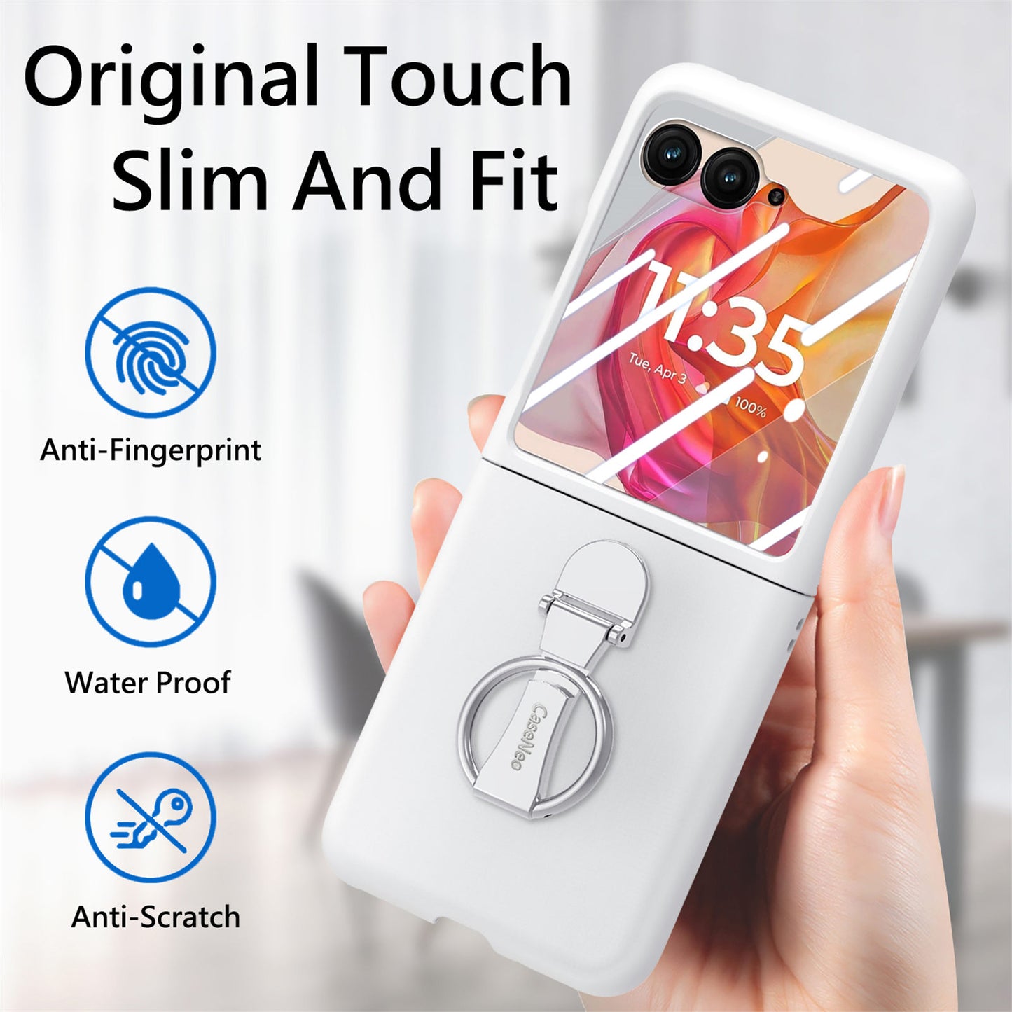 For Motorola Razr 50 Ultra 5G Case Ring Kickstand PC Phone Cover with Tempered Glass Rear Screen Film - White