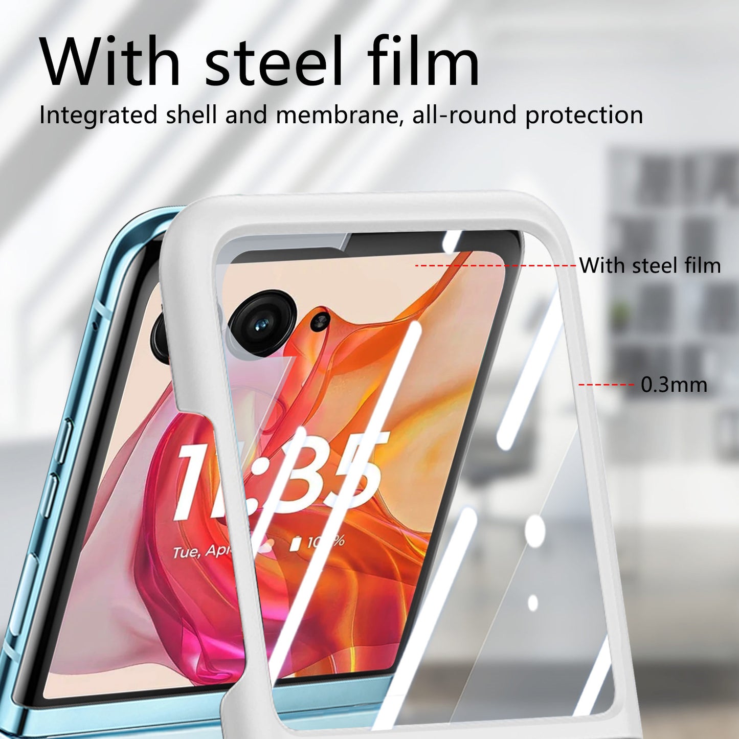 For Motorola Razr 50 Ultra 5G Case Ring Kickstand PC Phone Cover with Tempered Glass Rear Screen Film - White