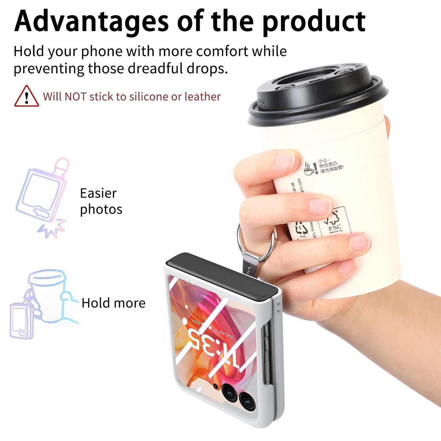 For Motorola Razr 50 Ultra 5G Case Ring Kickstand PC Phone Cover with Tempered Glass Rear Screen Film - White