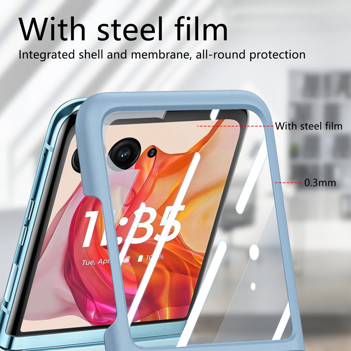 For Motorola Razr 50 Ultra 5G Case Ring Kickstand PC Phone Cover with Tempered Glass Rear Screen Film - Baby Blue