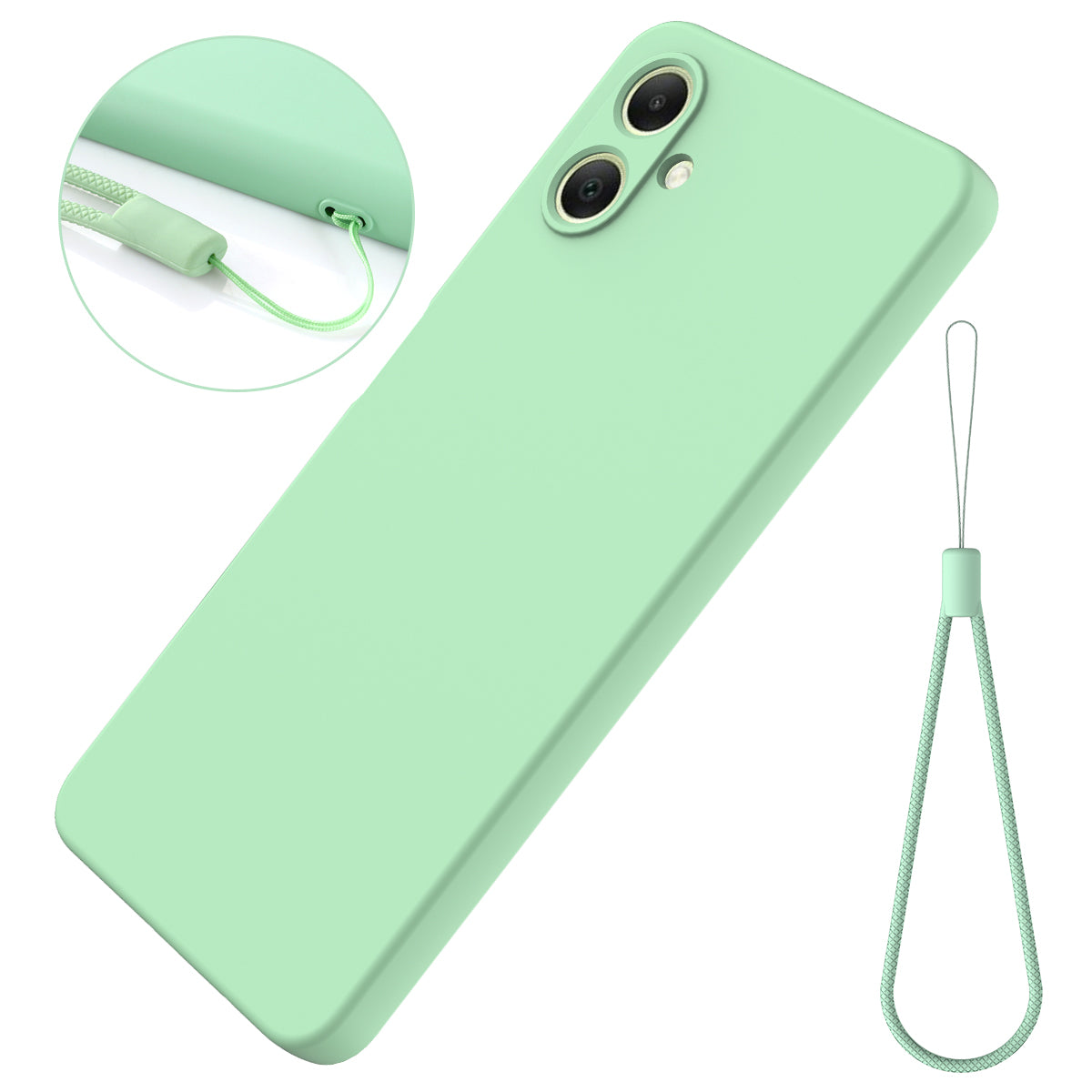 For Samsung Galaxy A06 Case Liquid Silicone Anti-scratch Phone Cover with Hand Strap - Green