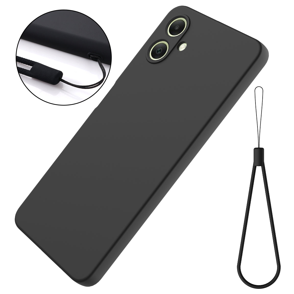 For Samsung Galaxy A06 Case Liquid Silicone Anti-scratch Phone Cover with Hand Strap - Black