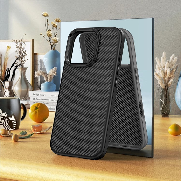 IPAKY For iPhone 16 Plus TPU Case Carbon Fiber Texture Phone Cover Metal Lens Frame - Black