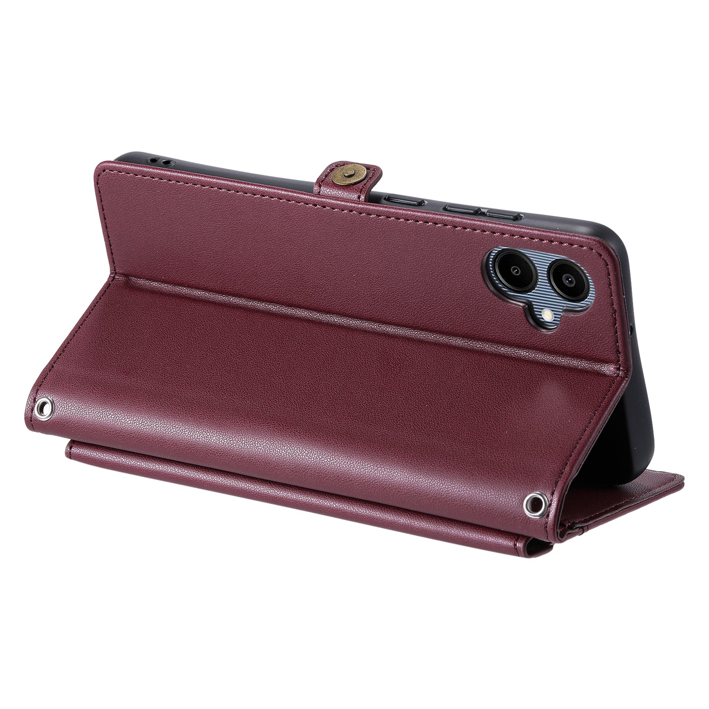 For Samsung Galaxy A06 Leather Case Wallet Stand Phone Cover with Straps - Wine Red