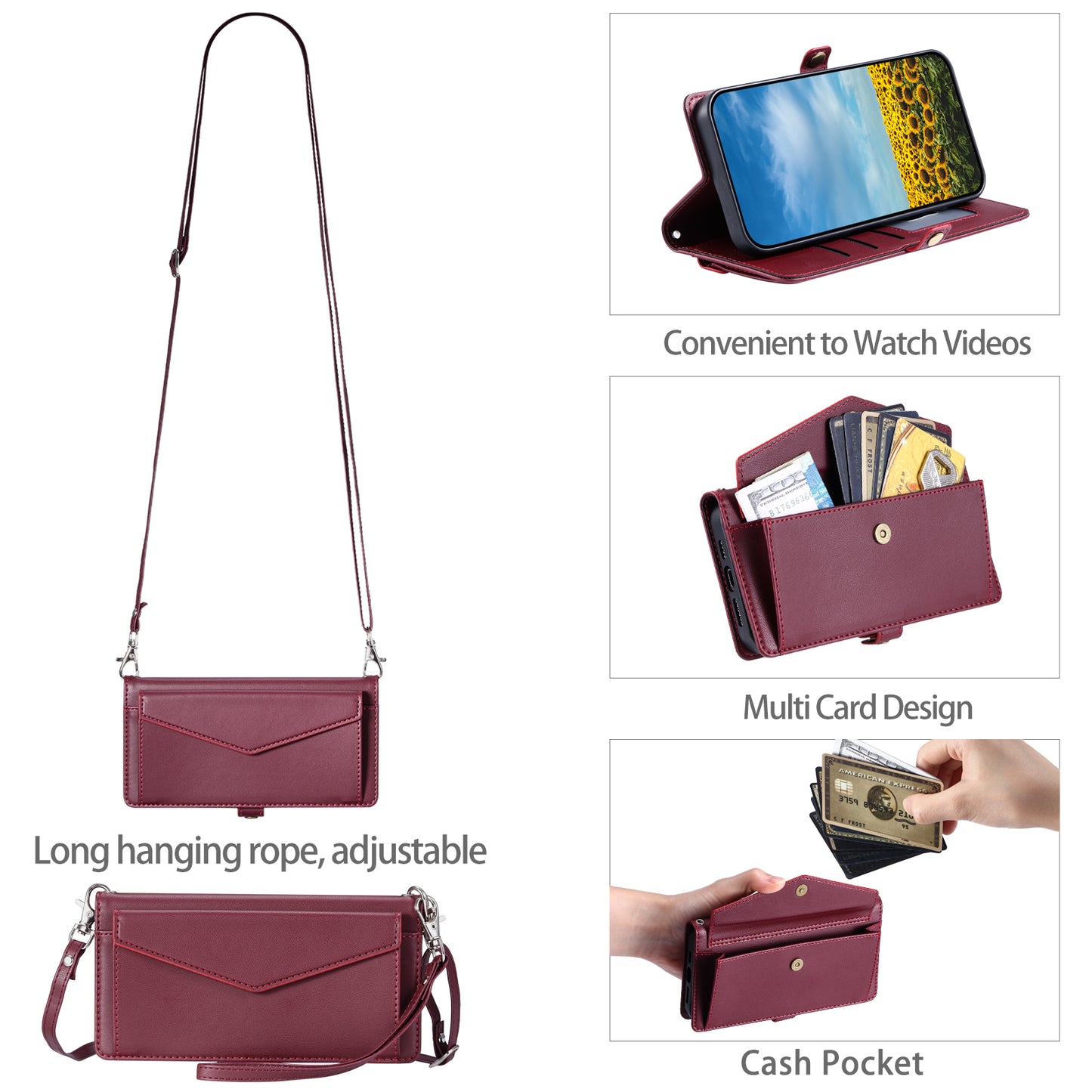 For Samsung Galaxy A06 Leather Case Wallet Stand Phone Cover with Straps - Wine Red