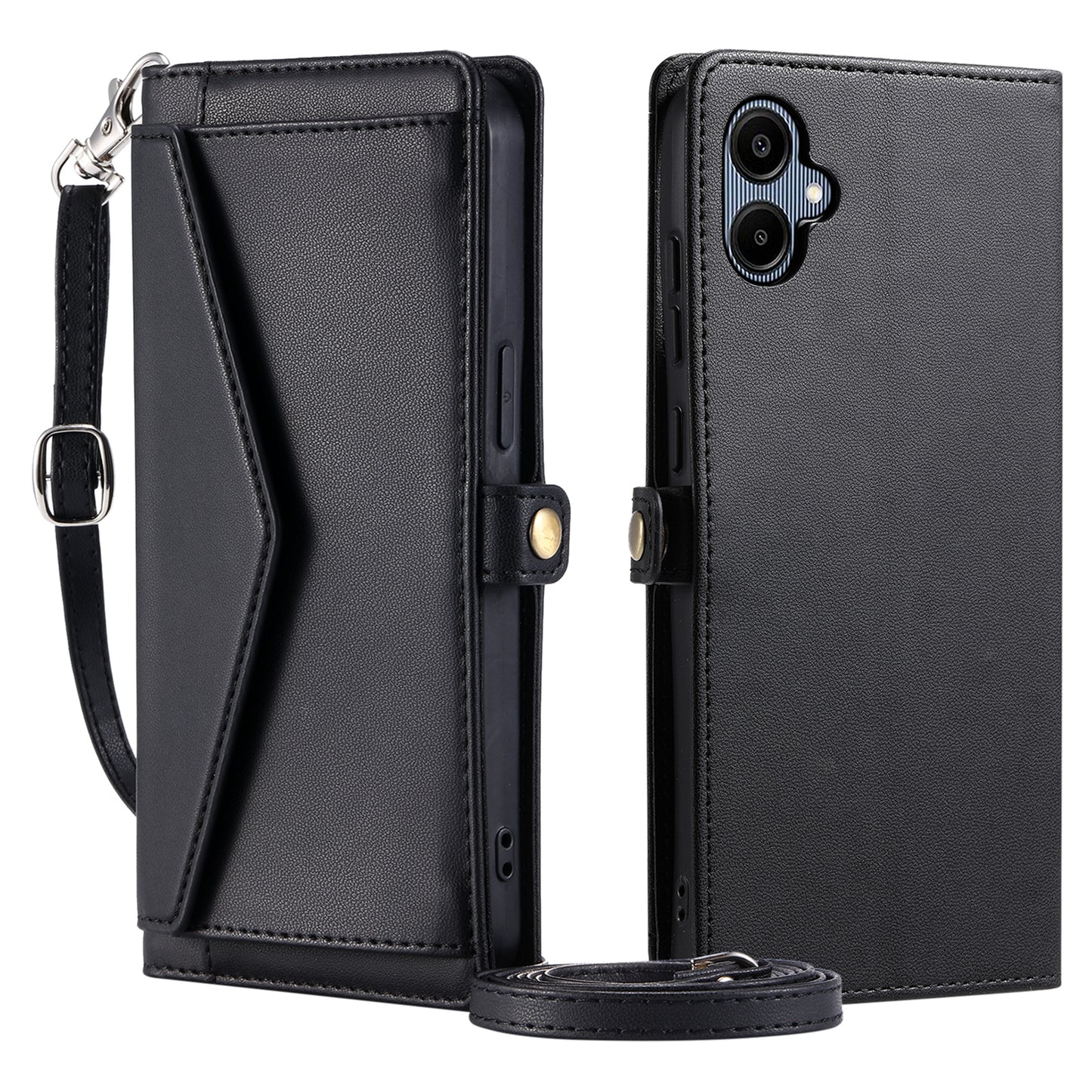 For Samsung Galaxy A06 Leather Case Wallet Stand Phone Cover with Straps - Black
