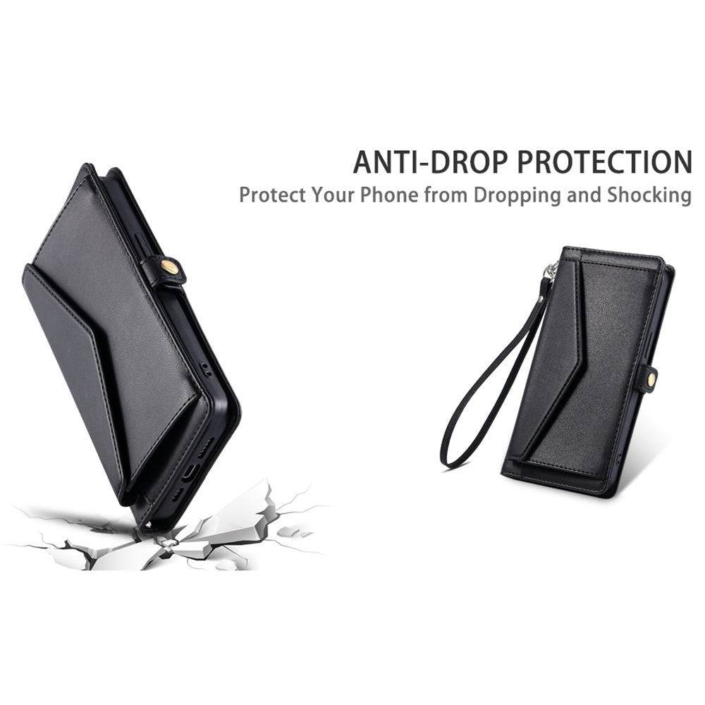 For Samsung Galaxy A06 Leather Case Wallet Stand Phone Cover with Straps - Black