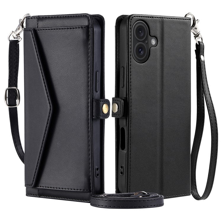 For iPhone 16 Plus Leather Case Wallet Stand Phone Cover with Straps - Black