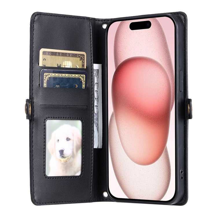For iPhone 16 Plus Leather Case Wallet Stand Phone Cover with Straps - Black
