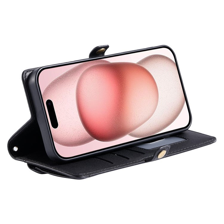For iPhone 16 Plus Leather Case Wallet Stand Phone Cover with Straps - Black
