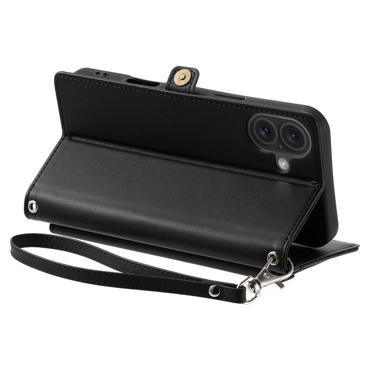 For iPhone 16 Plus Leather Case Wallet Stand Phone Cover with Straps - Black