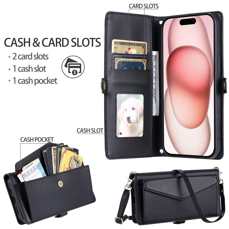For iPhone 16 Plus Leather Case Wallet Stand Phone Cover with Straps - Black