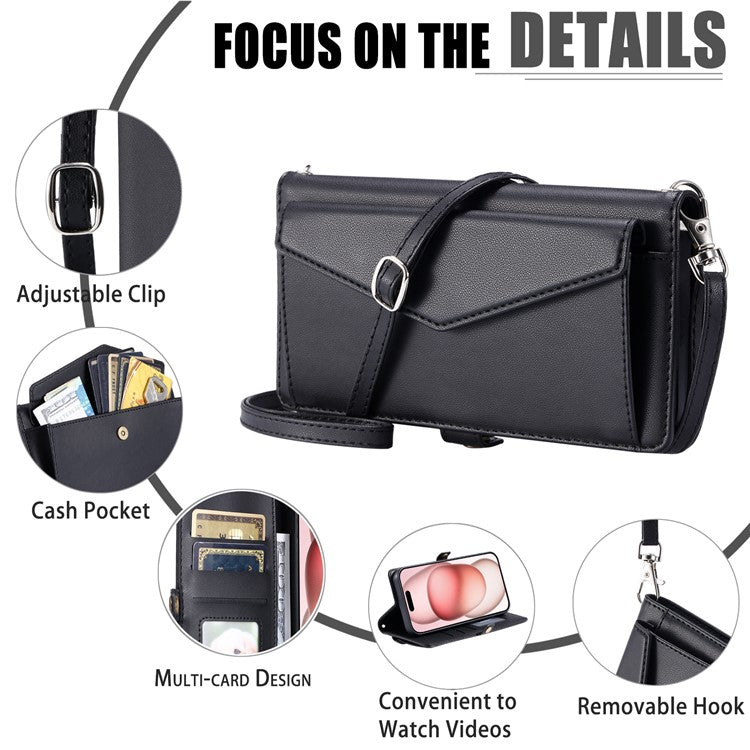 For iPhone 16 Plus Leather Case Wallet Stand Phone Cover with Straps - Black