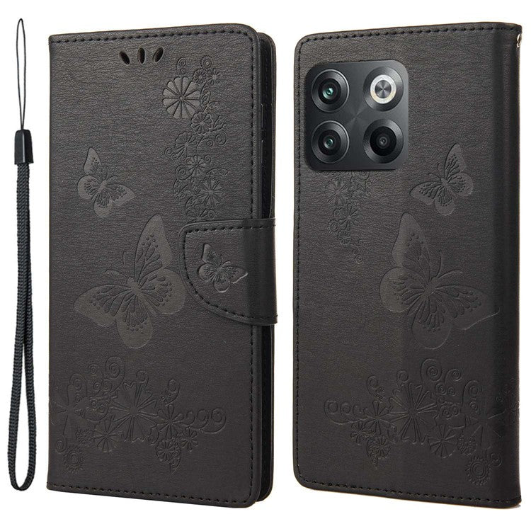 For OnePlus 10T 5G / Ace Pro 5G Big Butterflies Flower Pattern Imprinting Leather Case Magnetic Clasp Stand Wallet Cover with Strap - Black