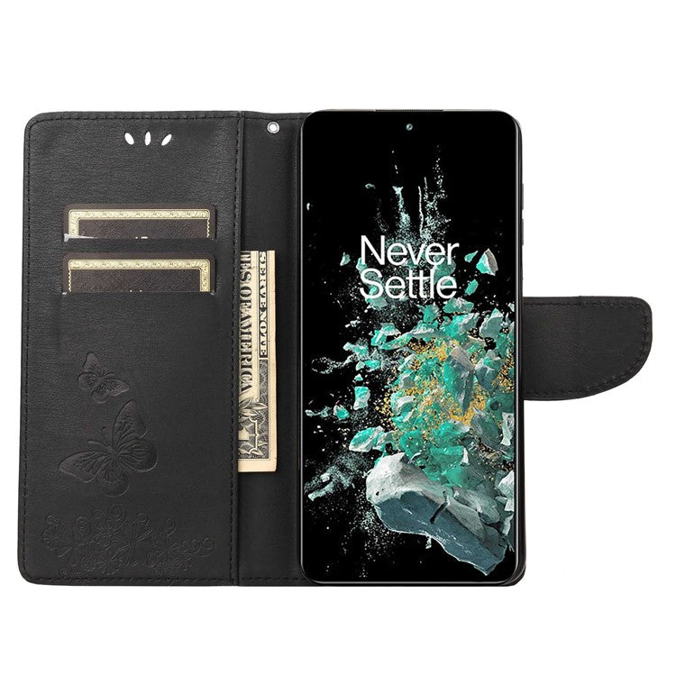 For OnePlus 10T 5G / Ace Pro 5G Big Butterflies Flower Pattern Imprinting Leather Case Magnetic Clasp Stand Wallet Cover with Strap - Black