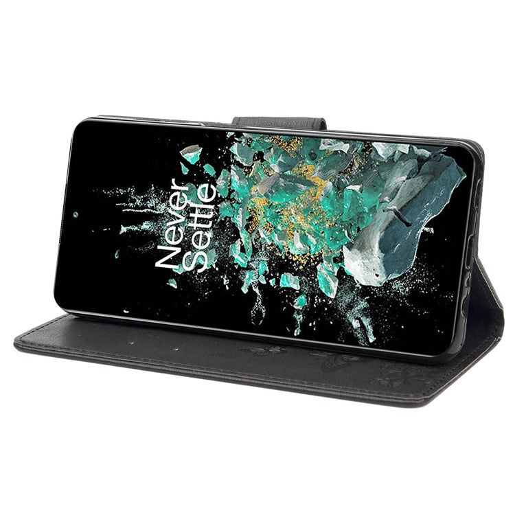 For OnePlus 10T 5G / Ace Pro 5G Big Butterflies Flower Pattern Imprinting Leather Case Magnetic Clasp Stand Wallet Cover with Strap - Black