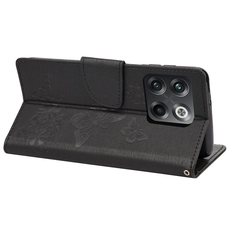 For OnePlus 10T 5G / Ace Pro 5G Big Butterflies Flower Pattern Imprinting Leather Case Magnetic Clasp Stand Wallet Cover with Strap - Black