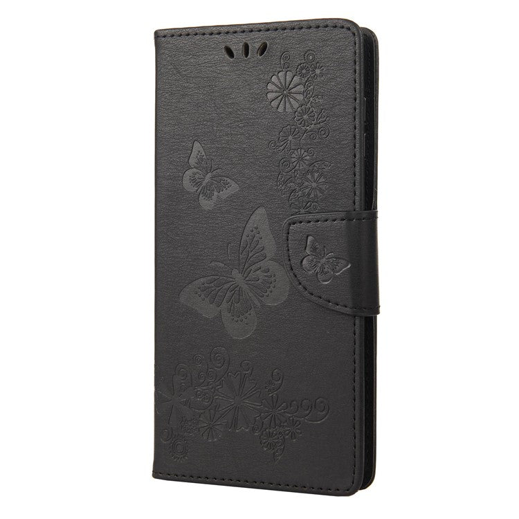 For OnePlus 10T 5G / Ace Pro 5G Big Butterflies Flower Pattern Imprinting Leather Case Magnetic Clasp Stand Wallet Cover with Strap - Black
