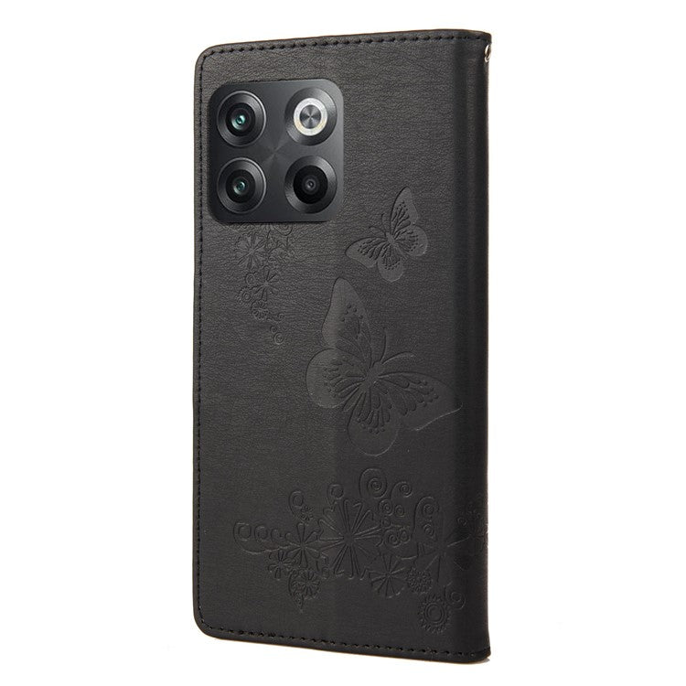 For OnePlus 10T 5G / Ace Pro 5G Big Butterflies Flower Pattern Imprinting Leather Case Magnetic Clasp Stand Wallet Cover with Strap - Black