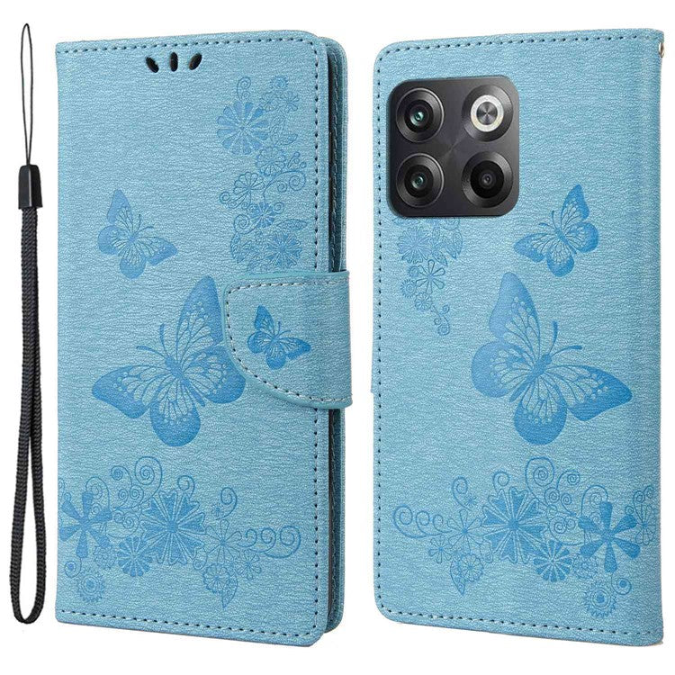 For OnePlus 10T 5G / Ace Pro 5G Big Butterflies Flower Pattern Imprinting Leather Case Magnetic Clasp Stand Wallet Cover with Strap - Blue