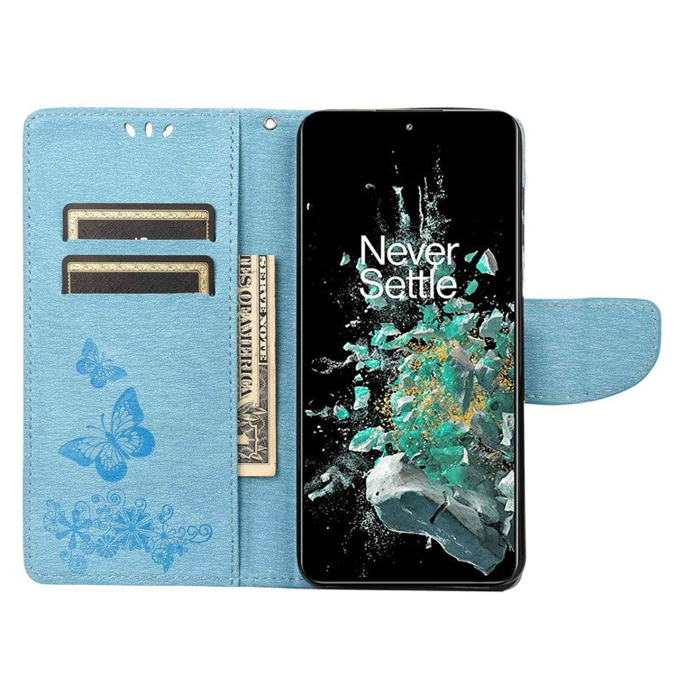 For OnePlus 10T 5G / Ace Pro 5G Big Butterflies Flower Pattern Imprinting Leather Case Magnetic Clasp Stand Wallet Cover with Strap - Blue